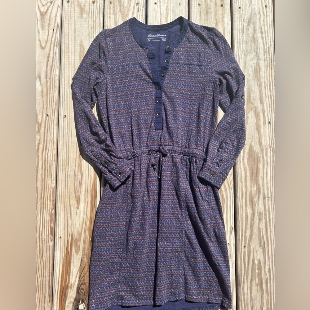 Eddie Bauer Blue Geo-Print Dress Small Cinch‎ Waist Long Sleeves 100% Cotton